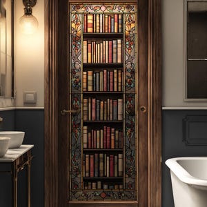 May include: A wooden door with a stained glass panel designed to look like a bookshelf filled with books. The door is framed in dark wood and has a brass handle. The stained glass features colorful floral and book details.