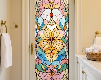 Película de vitral con diseño floral pastel, elegante y de tamaño personalizado, estilo Art Nouveau, decorativa, para puerta de vidrio y baño.