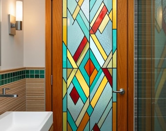 Custom Size Geometric Stained Glass Window Film for Bathroom Door Frosted Privacy Film Decorative Glass Sticker for Shower and Home Interior