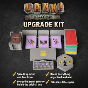 May include: LANK! CATACOMBS UPGRADE KIT board game organizer set. Includes grey plastic card holders, a central box with a yellow question mark icon, a small item display rack, and a hexagonal token tracker with numbers 1, 5, and 10.