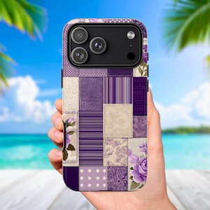 Lila lapptäcke med blommigt mobilskal, quiltdesign med lavendelfärgad cottagecore