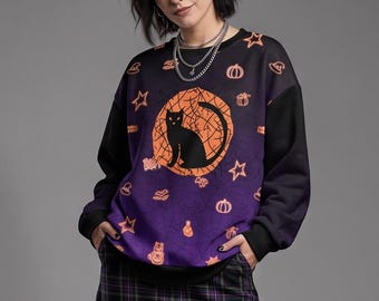 Black Cat Halloween Sweatshirt, Spooky Cat Crewneck, Pumpkin Graphic Unisex Pullover, Cute Halloween Sweater, Cat Lover Gift