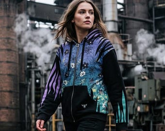 Firefly Graphic Zip Hoodie, Ombre Wildflower Full Zip Sweatshirt, Nature Botanical Unisex Hoodie, Boho Floral Streetwear, Firefly Gift