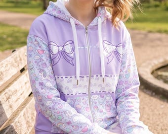 Kawaii Hoodie, Fairy Kei Zip Up Unicorn Bunny Pastel Hoodie, Kawaii Clothes Pastel Harajuku Jacket, Cute Bow Sweatshirt Top
