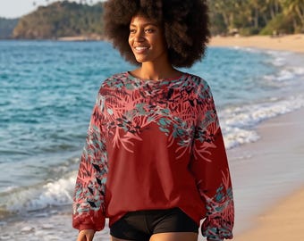 Coral Reef Crewneck Sweatshirt, Red Botanical Ocean Print Pullover, Coastal Nature Unisex Sweater, Beach Boho Sweatshirt, Coral Gift