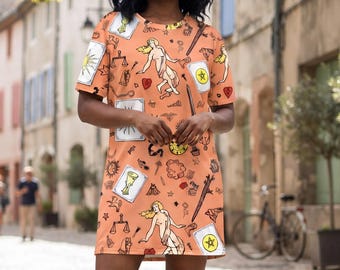Cottagecore Tarot Dress | Peach Fantasy Fairycore Oversized T-Shirt Dress | Sun Tarot Card Print