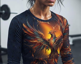 Phoenix Bird Long Sleeve Crop Top | Mythical Firebird Print Recycled Activewear | Rising From The Ashes Yoga Top 2XS-6X