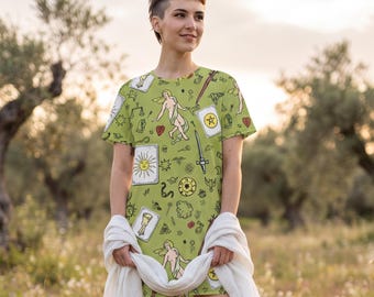 Gothic Tarot Dress | Green Y2K Grunge Oversized T-Shirt Dress | Alt Streetwear Tarot Print