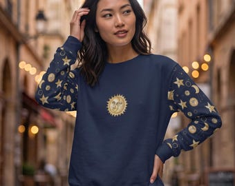 Boho Celestial Sun Sweatshirt, Gold Sun Print Crewneck, Navy Blue Astrology Unisex Pullover, Vintage Celestial Sweater, Sun Lover Gift