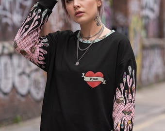 Pastel Goth Sweatshirt, Punk Heart Graphic Crewneck, Kawaii Goth Pastel Pink Unisex Pullover, Tattoo Flash Sweater, Goth Clothing Gift