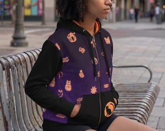 Halloween Zip Up Hoodie | Black Cat Moon Print Sweatshirt | Neon Pumpkin Spooky Season Jacket | Unisex Recycled Full Zip