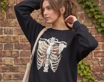 Ribcage Skeleton Sweatshirt, Anatomy Bones Graphic Crewneck, Gothic Halloween Pullover, Dark Academia Unisex Sweater, Skeleton Gift