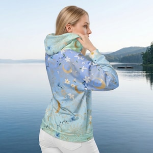 Night Jasmine Celestial Zip Hoodie, Spring Floral Light Jacket, Ethereal Moon & Stars Outerwear, Eco Friendly Pastel Yoga Cover Up
