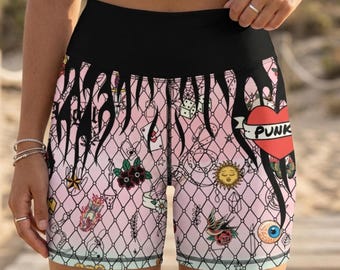 Pastel punk Roller Derby Shorts | Vintage Tattoo Flash Pole Dance Shorts | Edgy High Waisted Yoga Shorts | Traditional Tattoo Skate Gear