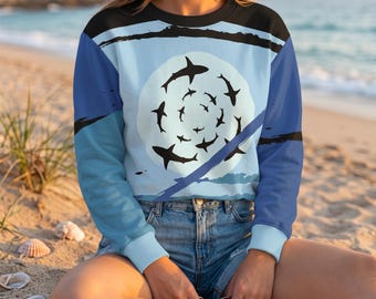 Ocean Lover Crewneck Sweatshirt, Dolphin Graphic Deep Sea Pullover, Abstract Geometric Ocean Print, Coastal Unisex Sweater, Dolphin Gift