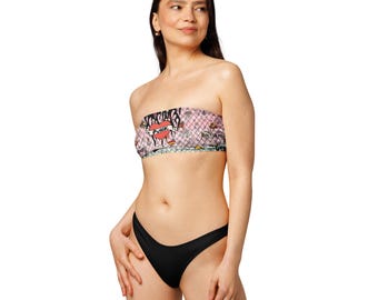 Pastel Punk Bandeau Bikini | Vintage Tattoo Flash Pole Dance Set | Edgy Strapless Swimsuit | Tattoo Heart UPF 50+ High Leg Two Piece