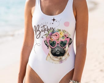 Custom Pug Bridesmaid Swimsuit | Funny Bride's Bitches Proposal Gift Bathing Suit | Dog Mom Bachelorette One Piece | Beach Party Swimwear