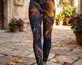 Phoenix Bird Mid Rise Leggings | Mythical Firebird Running Workout Tights | Rising From The Ashes Everyday Gym Pants