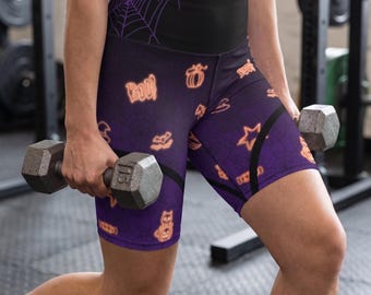 Halloween High-Waisted Yoga Shorts | Spooky Season Black Cat & Pumpkin Booty Shorts | High Waisted Spooky Activewear | Witchy Gothic Workout