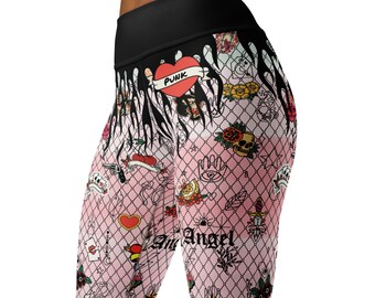 Pastel Goth Roller Derby Leggings | Vintage Tattoo Flash Pole Dance Pants | Edgy Raised Waist Tights | Traditional Tattoo Heart Skate Gear