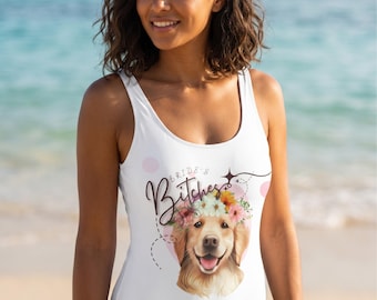 Custom Golden Retriever Bridesmaid Swimsuit | Funny Bride's Bitches Beach One Piece | Personalized Dog Mom Bachelorette Bathing Suit