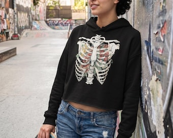 Persephone Halloween Hoodie | Cropped Skeleton Ribcage Graphic Hoodie | Goth Horror Streetwear