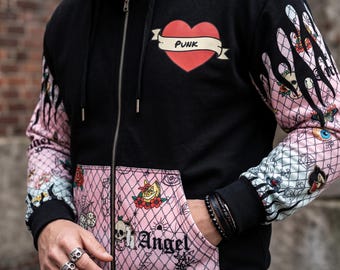 Pastel Goth Zip Hoodie | Vintage Tattoo Flash Unisex Sweatshirt | Edgy Pastel Punk Streetwear | Tattoo Pinup Heart Drop Shoulder Jacket