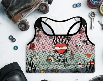 Pastel punk Roller Derby Sports Bra | Vintage Tattoo Flash Pole Dance Top | Edgy Skate Bra | Traditional Tattoo Heart Padded Sports Bra