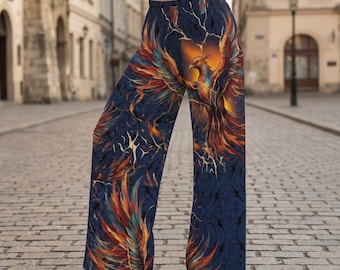 Phoenix Bird Wide Leg Pants | Mythical Firebird Palazzo Trousers | Boho Yoga Pants Unisex 2XS-6XL