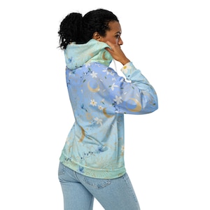 Night Jasmine Celestial Zip Hoodie, Spring Floral Light Jacket, Ethereal Moon & Stars Outerwear, Eco Friendly Pastel Yoga Cover Up