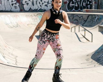 Pastel Goth Roller Derby Leggings | Vintage Tattoo Flash Pole Dance Pants | Edgy Mid Waist Tights | Tattoo Heart Performance Skate Gear