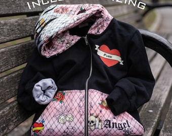 Pastel Goth Punk Hoodie, Plus Size Tattoo Flash Zip Up Sweatshirt, Sacred Heart Angel Print, 5XL Inclusive Sizing