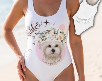 Custom Bride Swimsuit | Personalized Bridal Shower Gift Bathing Suit | White Wedding Honeymoon One Piece | Custom Dog Bride to Be Swimwear