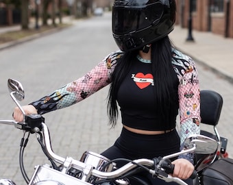 Pastel punk Crop Top | Vintage Tattoo Flash Long Sleeve Swim Shirt | Edgy Rash Guard | Tattoo Heart UPF 50 UV protection Activewear