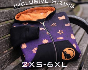 Halloween Hoodie, Plus Size Black Cat Moon Zip Up Sweatshirt, 5XL Spooky Season Top, Inclusive Sizing 2XS-6XL