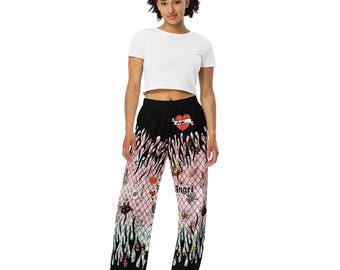 Pastel Goth Wide Leg Pants | Vintage Tattoo Flash Unisex Lounge Pants | Edgy Pastel Punk Streetwear | Traditional Tattoo Heart Flame Pajamas
