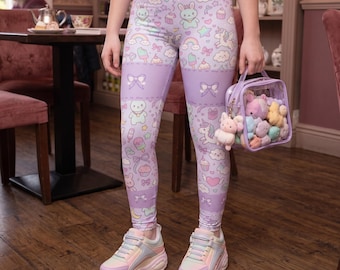 Fairy Kei Leggings, Kawaii Bunny Unicorn Pastel Print Tights, Kawaii Clothes Pastel Activewear