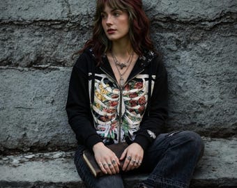 Gothic anatomy hoodie |  Alt Goth Loungewear Unisex Sweatshirt | Persephone’s Descent Flower Ribcage Zip Hoodie
