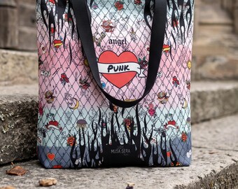 Pastel Punk Tote Bag | Vintage Tattoo Flash Roller Derby Gear Bag | Edgy roller Tote | Traditional Tattoo Heart Large Reusable Market Bag