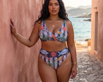 Amalfi Coast Bikini Set | Mediterranean Core Luxury Swimwear | Vintage Riviera High Waisted Two Piece Navy Crustacean Beach Bathing Suit