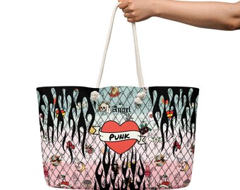 Pastel Punk Weekender Bag | Vintage Tattoo Flash Roller Derby Travel Bag | Edgy  Skate Duffel | Tattoo Heart Oversized Studio Tote