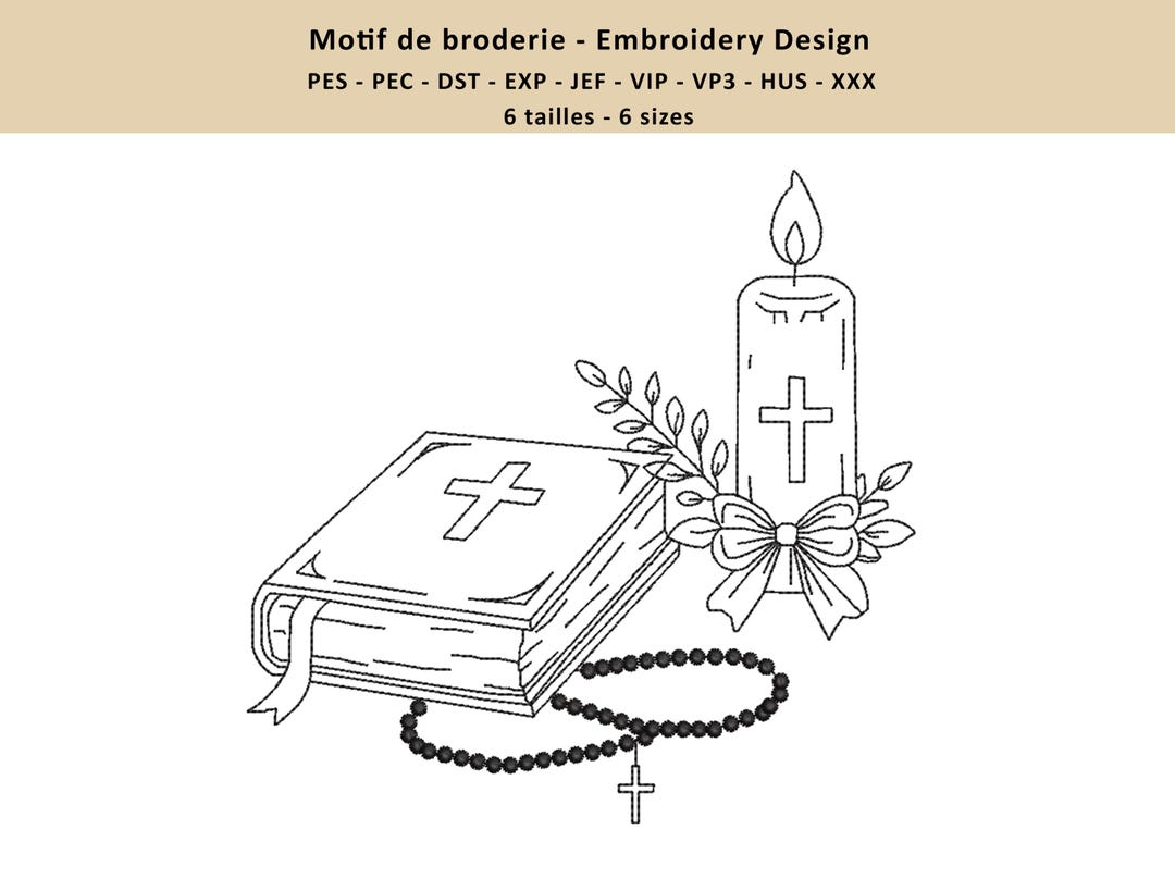 Motif Confirmation Embroidered Motif: Symbols of Faith, Bible, Rosary and Candle ...