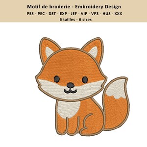 Puede incluir: Diseño bordado de un zorro de dibujos animados en naranja, blanco y marrón. El zorro está sentado con la cola enroscada. El diseño es para bordar, con el texto "Motif de broderie - Embroidery Design" en la parte superior.