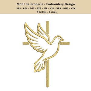 Może przedstawiać: Złoty wzór haftu przedstawiający gołębia z rozpostartymi skrzydłami, umieszczonego przed krzyżem. Projekt jest obrysowany złotą nicią. Tekst na górze brzmi "Motif de broderie - Embroidery Design".
