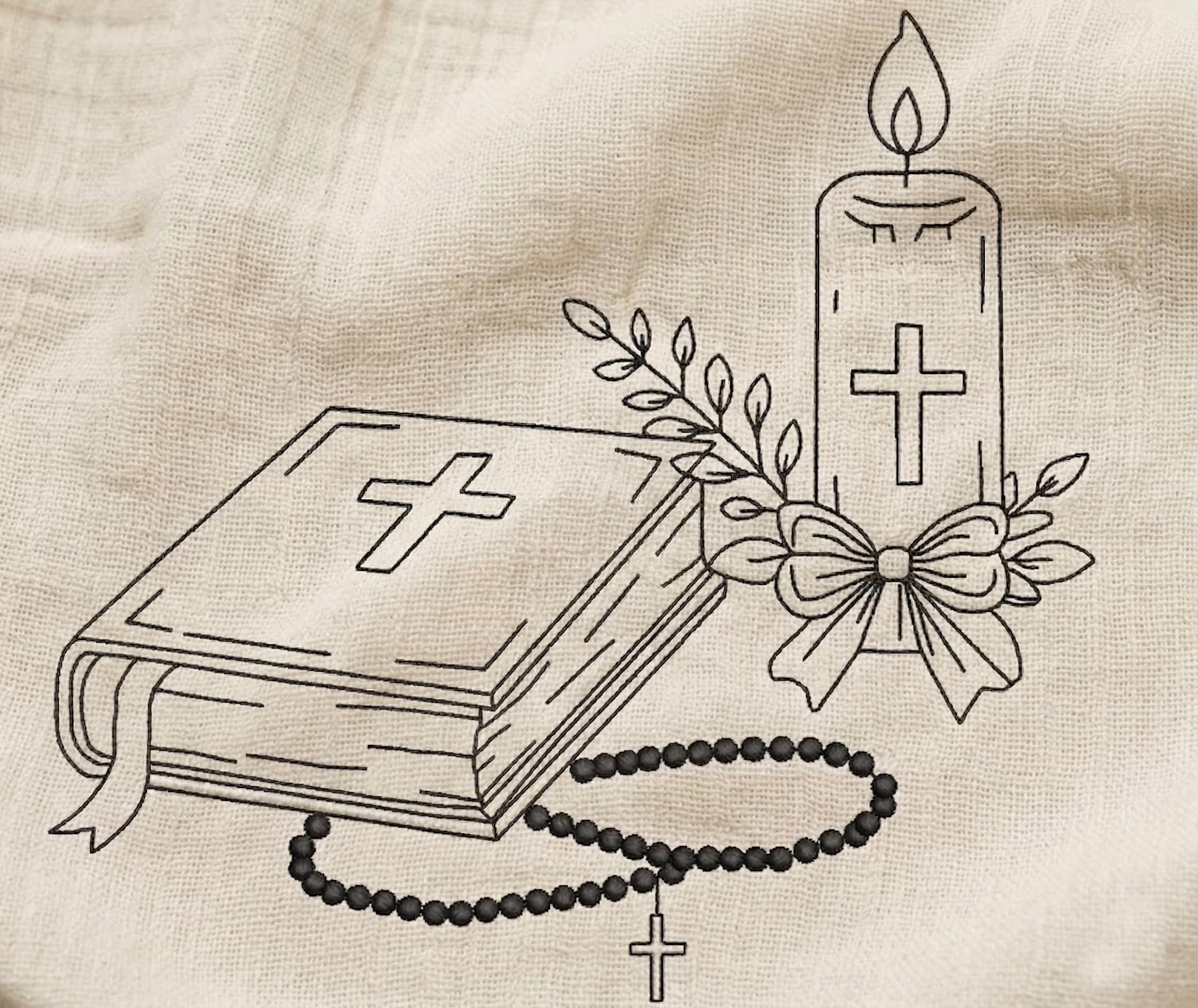 Motif Confirmation Embroidered Motif: Symbols of Faith, Bible, Rosary and Candle ...