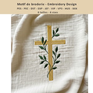 Motif de Broderie Croix et Rameau d'olivier, Design religieux Chrétien, Fichier Baptême, mariage et Communion, Téléchargement Instantané