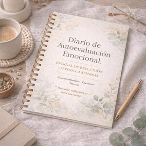 May include: A spiral-bound journal with the title "Diario de Autoevaluación Emocional" is open on a light-colored surface. The journal has a floral design and a gold spiral binding. A pen, glasses, and a cup of coffee are also on the surface.