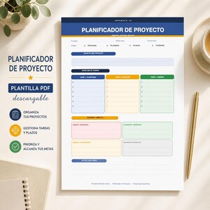 May include: A Spanish project planner template titled "PLANIFICADOR DE PROYECTO". The design includes sections for project objectives, task breakdown, and notes. The template uses a blue, yellow, and green colour scheme. The text "PLANTILLA PDF descargable" is also visible.