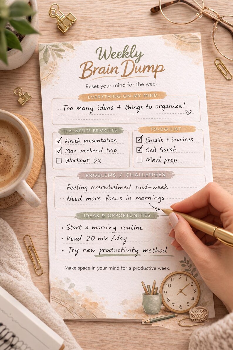 Weekly Brain Dump Printable | Mental Clarity Worksheet | Weekly Reset ...
