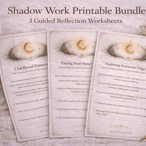 May include: Three printable worksheets titled "Childhood Pattern," "Facing Your Inner," and "Exploring Emotional Triggers." The worksheets feature a celestial design with a crescent moon and star motif. A lit candle, bowl of grains, and feather are also visible.